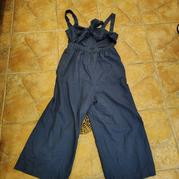 LOFT Beach | Blue Linen Blend Tie Back Cropped Jumpsuit Size Small W/ Pockets - Picture 3 of 7